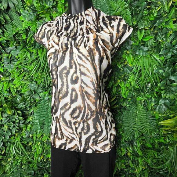 CALVIN KLEIN Tops Women Medium Beige‎ Animal Print High Neck $59 Blouse 0373 - Picture 1 of 9